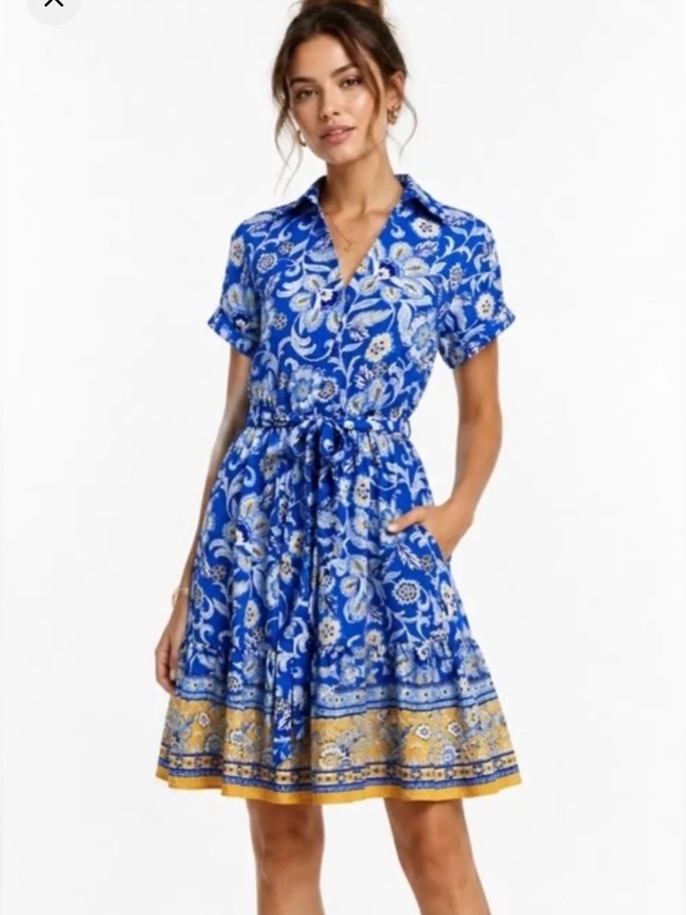 Sam Edelman Blue Floral Tie-Waist Casual Dress with Yellow Hem